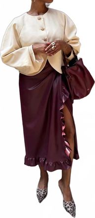 Never Fully Dressed Vegan Leather Ruffle Jaspre Midi Skirt In Burgundy