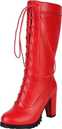 Generic Womens Mid Calf Boots Round Toe Super High Chunky Heel Platform With Side Zipper And Front Lace-Up Detail