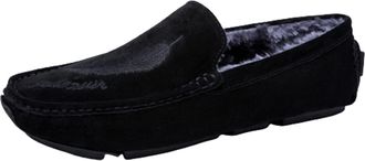 Generic Loafers for Men Genuine Leather Round Toe Leaf Embroidery Perforated Faux Fur Lined Option Lightweight Anti-Slip Flat Heel Flexible Casual Slip-on(Bla