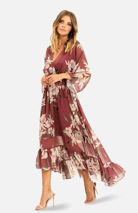 Yumi Floral Print Midi Wrap Dress in Rose Pink at Nordstrom, Size 10