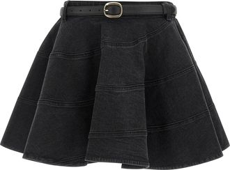 Self Portrait Black Flared Denim Mini Gonne Nero-Donna