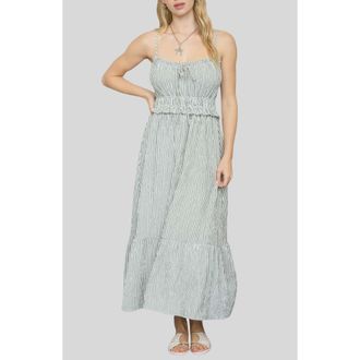 Blu Pepper Stripe Ruffle Shirred Seersucker Midi Dress in Green at Nordstrom Rack, Size Medium
