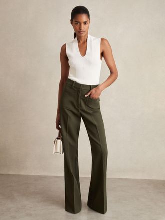 Reiss Green Petite Twill Patch-pocket Flared Trousers, 14
