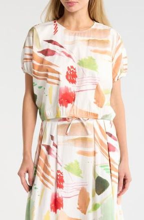 T Tahari Short Sleeve Tie Waist Crop Top in Ivory Brush Stroke Print at Nordstrom Rack, Size X-Small