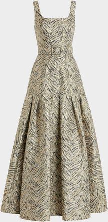 Mac Duggal Evening Metallic Brocade Belted Gown