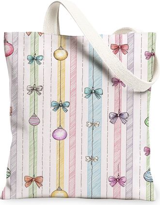 Generic Festive Bow Pattern Canvas Tote Bags, Decorative Reusable Grocery Bags, Lightweight Washable Shoulder Strap for Holiday Sho, White, 13x15 Inch
