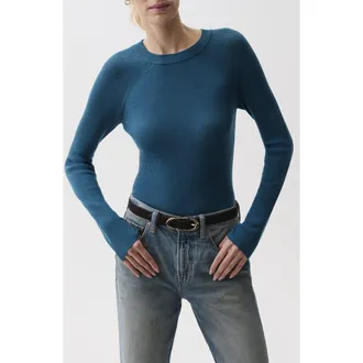 Pistola Denim Juno Rib Long Sleeve Merino Wool Blend Top in Deep Teal at Nordstrom, Size X-Small