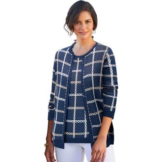 Jessica London Fine Gauge Cardigan in Navy Chain Plaid at Nordstrom, Size 28