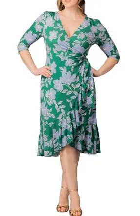 Kiyonna Flirty Flounce Wrap Dress in Green And Blue Florals at Nordstrom, Size 4X