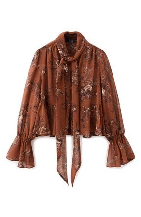 Mango Floral Print Tie Neck Top in Russet at Nordstrom, Size 4