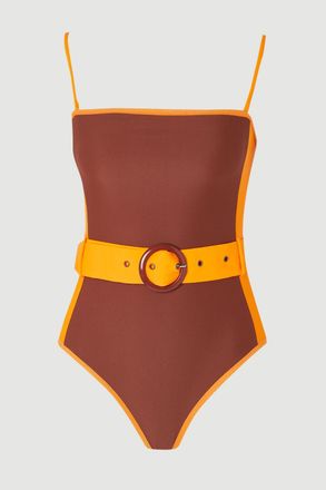 Karen Millen Womens Contrast Panelled Bandeau Swimsuit With Belt - Chocolate Nylon - Size X-Small