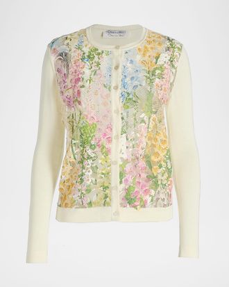 Oscar De La Renta Printed Foxgloves Lace Insert Cardigan