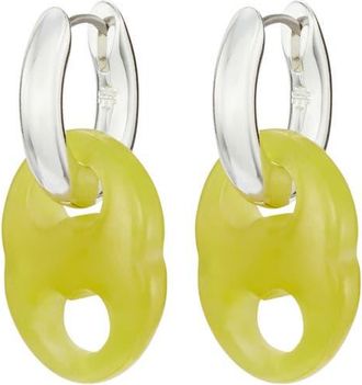 Tory Burch Gemini Two-Tone Link Huggie Hoop Drop Earrings in Light Silver /Green at Nordstrom