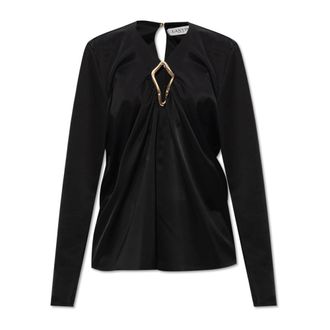 Lanvin Overhemden, Dames, Zwart, M, Satijn, Gedrapeerde Top met Oogjesdetail