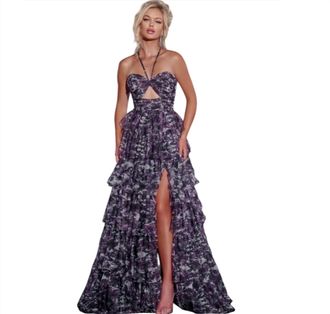Jovani Cut Out Floral Ruffle Ballgown In Purple