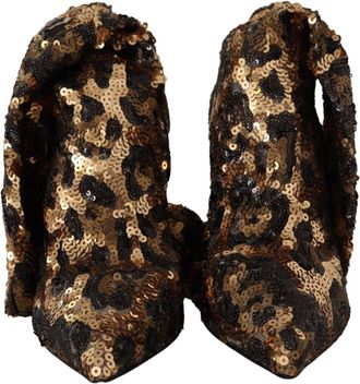 Dolce & Gabbana Womens Gold Leopard Sequins Heels Boots Shoes Polyester Nylon Elastane