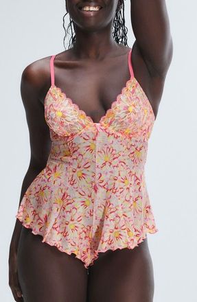 Savage x Fenty Sunray Lace Underwire Teddy in Acacia Pink at Nordstrom, Size X-Large