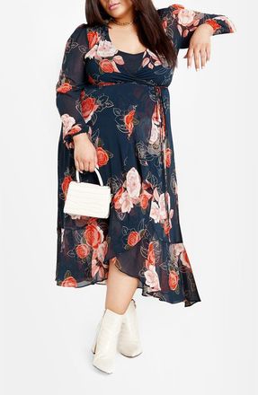 City Chic Kataleya Long Sleeve Chiffon Maxi Wrap Dress in Navy at Nordstrom, Size Xs