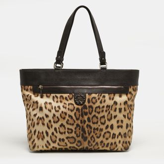 Roberto Cavalli Top Zip Brown Leopard Print Fabric And Leather Totes