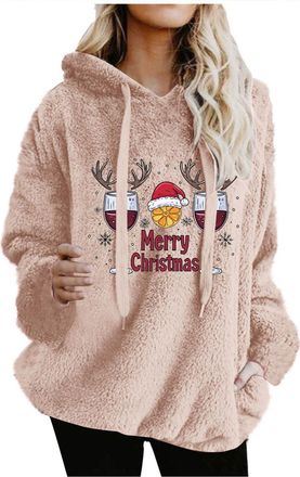 Generic Womens Christmas Hoodie Fleece Sweatshirt Long Sleeve Pullover with Pocket Funny Merry Christmas Print Ladies Warm Jumper Casual Streetwear Tops for D