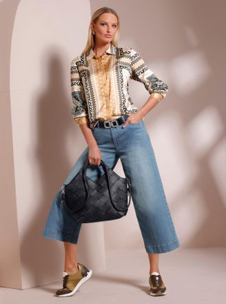 Heine Langarmbluse HEINE, Damen, Gr. 34, schwarz, camel, bedruckt, 100% Viskose, gemustert, mehrfarbig, Rundhals, Blusen Langarmbluse