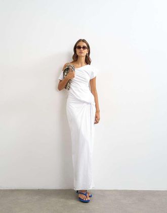Topshop premium vestito maxi asimmetrico drappeggiato in jersey di misto cotone bianco