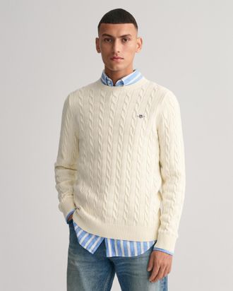 GANT Strickpullover GANT COTTON CABLE C-NECK, Herren, Gr. L, beige (cream), Strick, Obermaterial: 100% Baumwolle, Basic, regular fit h&uuml;ftlang, Rundhals, Ri