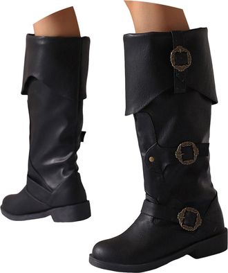 Generic Womens Pirate Medieval Renaissance Mid Calf Boots,Mid Calf Boots for Women Point Toe Fashion Casual Low Heel Pull On Gothic Ankle Booties Comfortable 