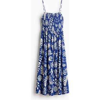 H&M Smocked Strappy Dress in Bright Blue/white at Nordstrom, Size Xx-Small