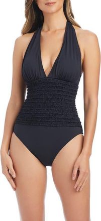Bleu Rod Beattie Ruffle Halter One-Piece Swimsuit in Black at Nordstrom, Size 12