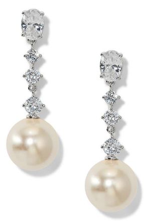 Nadri Imitation Pearl Cubic Zirconia Linear Drop Earrings in Rhodium at Nordstrom