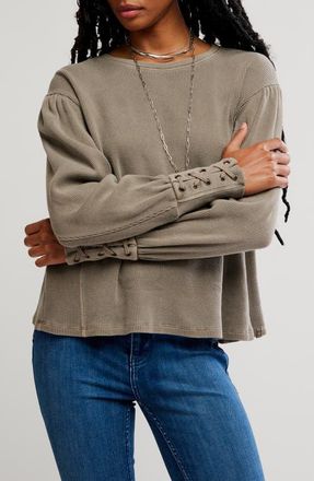 Free People Lapis Lace-Up Cuff Cotton Thermal Top in Fossil Dune at Nordstrom, Size X-Small
