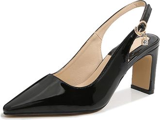 Generic Womens Patent Leather Slingback Pumps, 7cm Chunky Heel with Crystal Buckle & Open Back, Summer Fashion Shoes,Black,5 UK