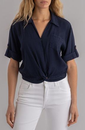 Kut from the Kloth Rebel Knot Front Linen Blend Top in Navy at Nordstrom, Size X-Large