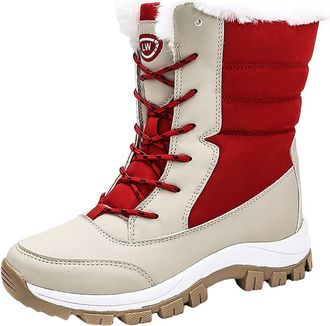 Generic Womens Snow Boots Winter Water-Resistant Faux Fur Lined Warm Outdoor Lace Up Mid-Calf Bootiesep Tread Rubber Sole for Cold Weather (4-Red, 5.5)