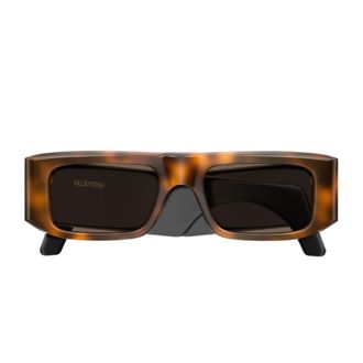 Valentino Havana Linea V Logo Recycled Acetate Rectangular Sunglasses