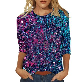 Generic Sparkly Tops for Women UK Sparkly Sequin Long Sleeve Fashion Off Shoulder Party Blouse 3/4 Sleeve Evening Tops Jumpers Party for Women UK