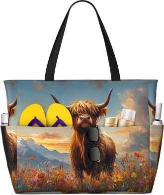 Generic Flower Highland Cow Print Large Beach Bag Foldable Travel Shoulder Tote Bag With Pocket For Weekender Pool Vacation