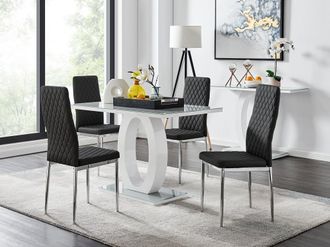 Furniturebox Giovani Grey White Modern High Gloss & Glass Dining Table & 4 Milan Chairs Set in Black