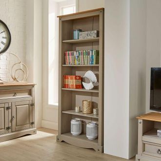 Home Source Industries Home Source - Corona Grey Tall Pine Bookcase 5 Book Shelves Mexican Solid Wood Living Room