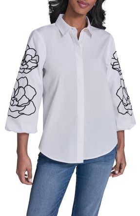 Karl Lagerfeld Floral Puff Sleeve Shirt in White at Nordstrom, Size X-Small