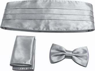 Generic L&L Adult Pre-Tied Bowtie Adjustable Cummerbund and handkerchief Pocket Square 3 pcs Set Satin Plain Solid (Silver)