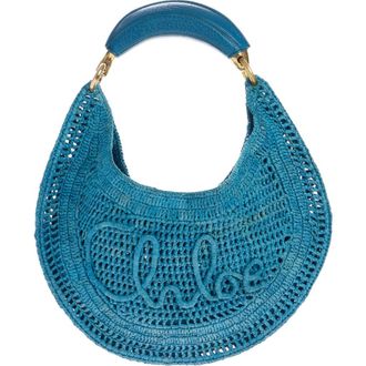 Chlo&eacute; Summer Banana Crochet Raffia Hobo Bag in Stormy Sea at Nordstrom