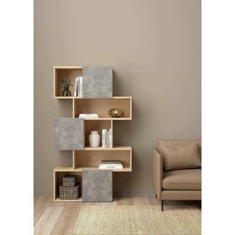 Dmora Dmora - Estante Para Libros Acetosella, Estante De Oficina, Porta Libros M&oacute;vil, Biblioteca, 96x32 H166 Cm, Roble Y Cemento