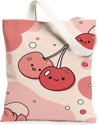 Generic Cherries Pattern Canvas Tote Bags, Adorable Fruit Design Reusable Grocery Bags, Summer Lightweight Washable Shoulder Strap, Peach, 13x15 Inch