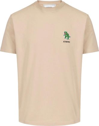 Iceberg Slim fit T-shirt van stretch katoenjersey met dinosauruspatch - Heren - T-shirts - Beige - XL - Katoen - Tops