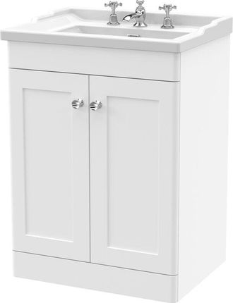 Nuie Nuie - Classique Floor Standing 2-Door Vanity Unit with Traditional Basin 600mm Wide Satin White - 3 Tap Hole