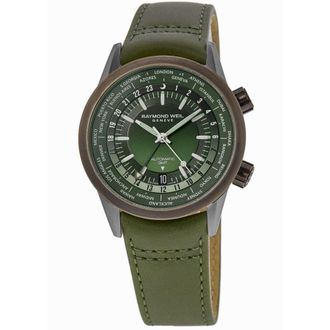 Raymond Weil Freelancer Automatic GMT Worldtimer Green Dial Bronze Bezel Leather Strap Mens Watch 2765-SBC-52001