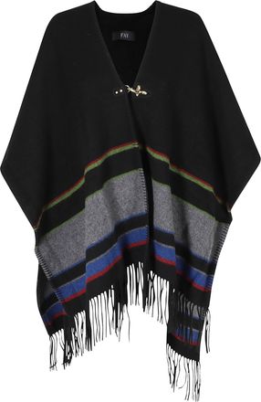 Fay Multicolour Poncho Con Gancio Fringe Trim Wool Cape