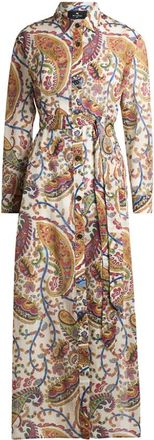 Etro Kleedjes, Dames, Veelkleurig, L, Katoen, Midi jurk met paisleyprint en ceintuur